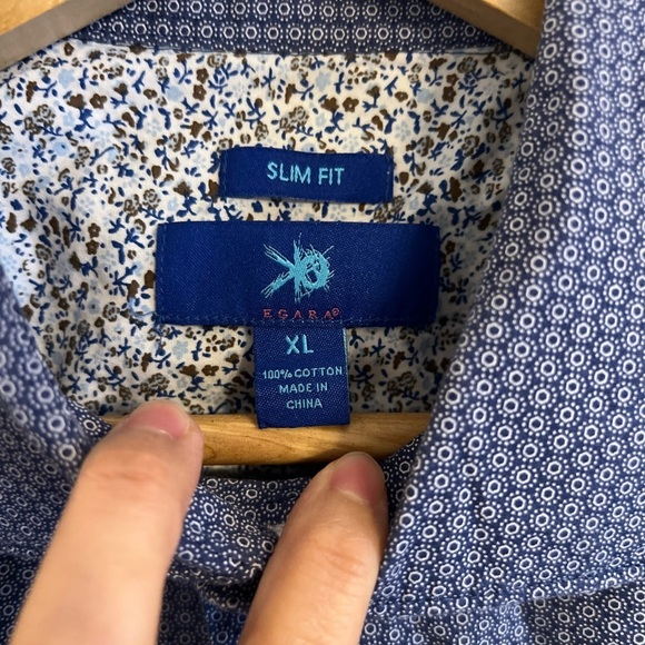 Egara Mens Button Down Shirt XL Blue Print LongSleeve Cotton Floral Reverse Cuff - Picture 3 of 15